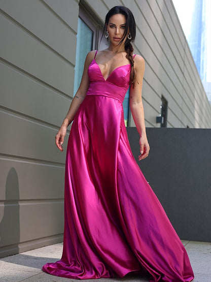 A-Line/Princess Silk like Satin Ruffles V-neck Sleeveless Sweep/Brush Train Dresses