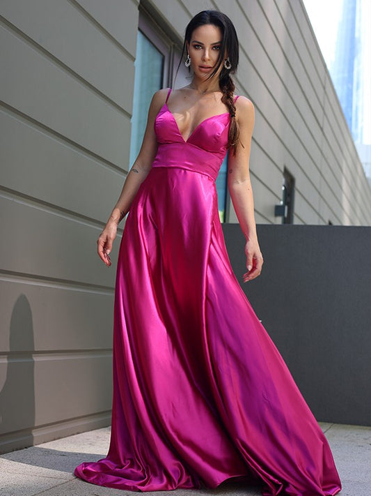 A-Line/Princess Silk like Satin Ruffles V-neck Sleeveless Sweep/Brush Train Dresses