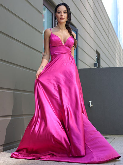 A-Line/Princess Silk like Satin Ruffles V-neck Sleeveless Sweep/Brush Train Dresses
