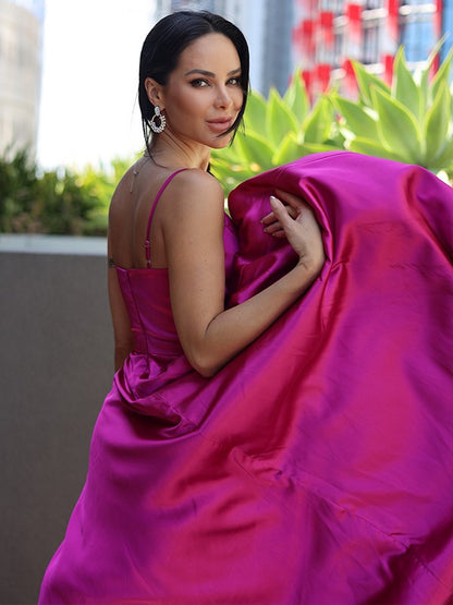 A-Line/Princess Silk like Satin Ruffles V-neck Sleeveless Sweep/Brush Train Dresses