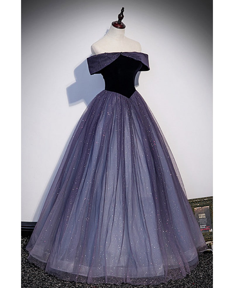 Elegant purple sequin suede off shoulder short sleeved ball dress purple A-line/princess backless and floor length floor length drag long evening dress