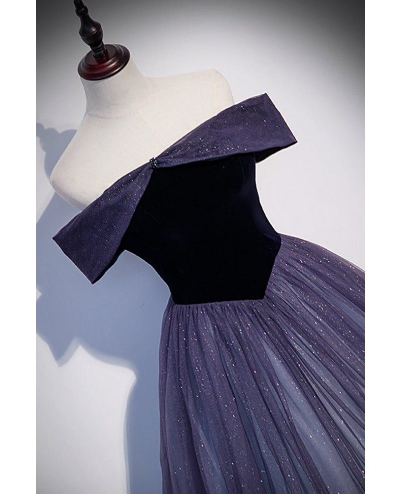 Elegant purple sequin suede off shoulder short sleeved ball dress purple A-line/princess backless and floor length floor length drag long evening dress