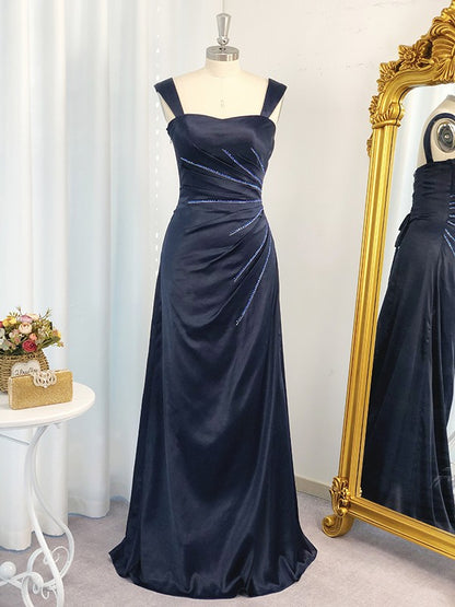 A-Line/Princess Straps Sleeveless  Woven Satin Ruched Floor-Length Dresses
