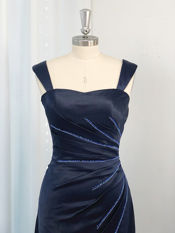 A-Line/Princess Straps Sleeveless  Woven Satin Ruched Floor-Length Dresses