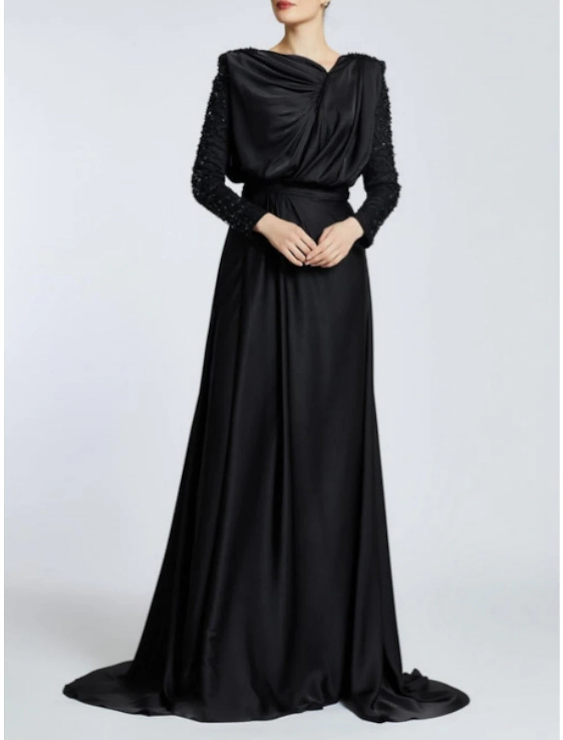 A-Line Evening Gown Black Dress Plus Size Elegant Dress Formal Sweep / Brush Train Long Sleeve Jewel Neck Satin with Pleats Sequin