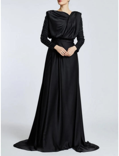 A-Line Evening Gown Black Dress Plus Size Elegant Dress Formal Sweep / Brush Train Long Sleeve Jewel Neck Satin with Pleats Sequin