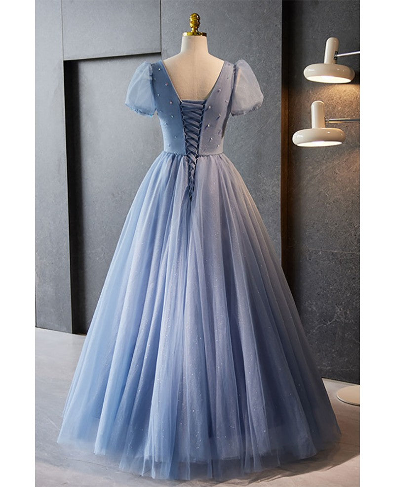 Chic/beautiful sky blue beaded rhinestone fluffy short sleeved ball dress sky blue A-line/princess V-neck backless and ground length evening dress