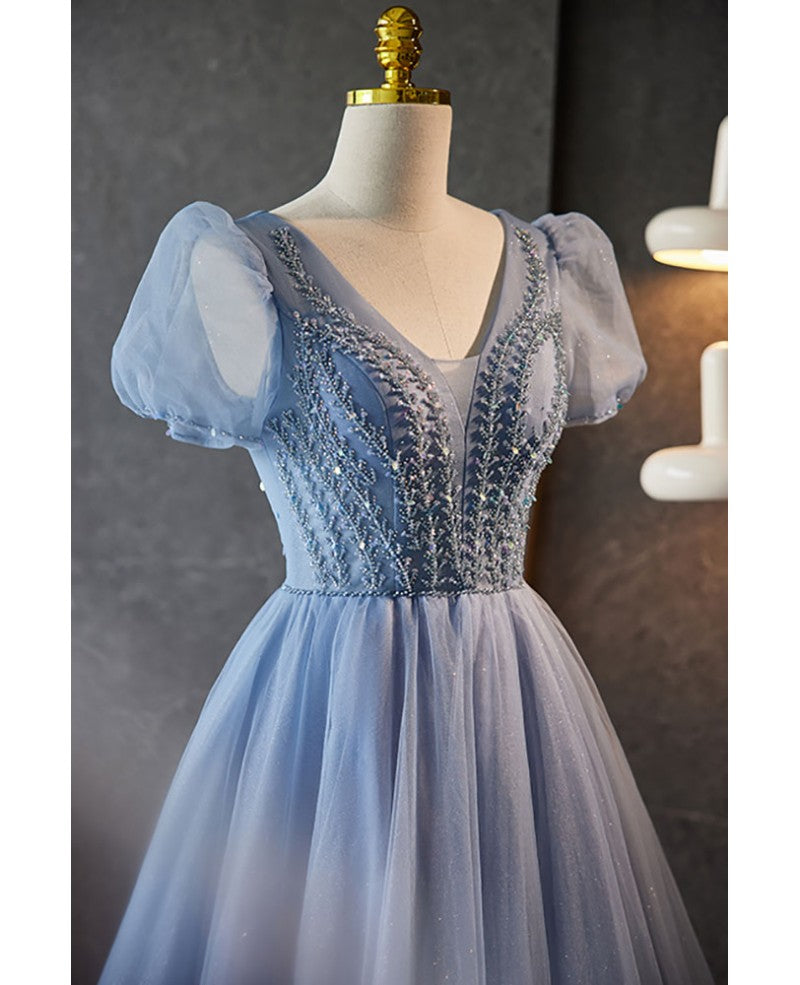 Chic/beautiful sky blue beaded rhinestone fluffy short sleeved ball dress sky blue A-line/princess V-neck backless and ground length evening dress