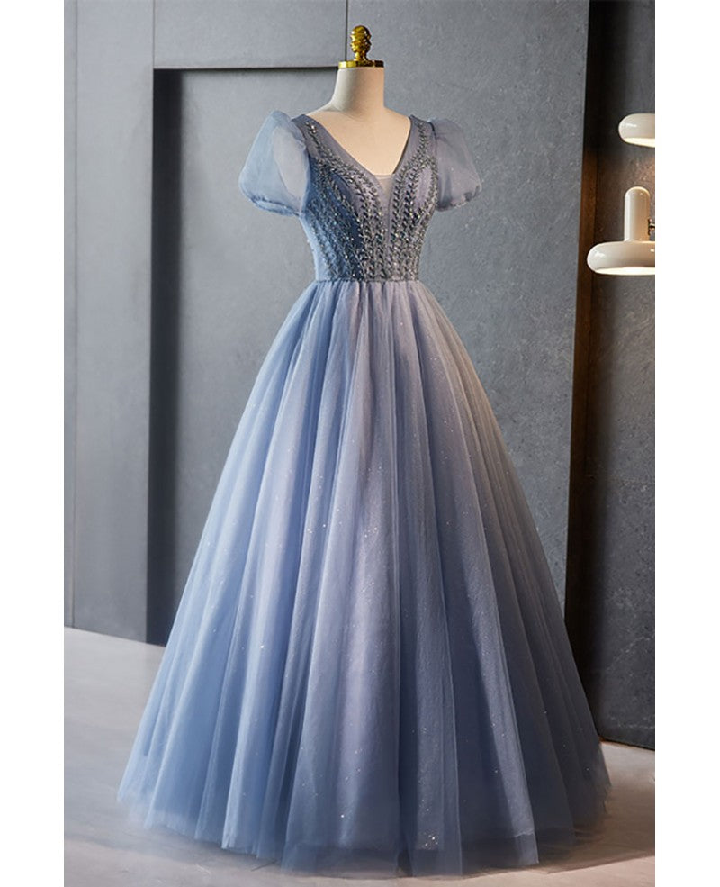 Chic/beautiful sky blue beaded rhinestone fluffy short sleeved ball dress sky blue A-line/princess V-neck backless and ground length evening dress