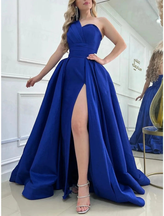 A-Line Prom Dresses Elegant Dress Formal Sweep / Brush Train Sleeveless One Shoulder Satin with Pleats Slit