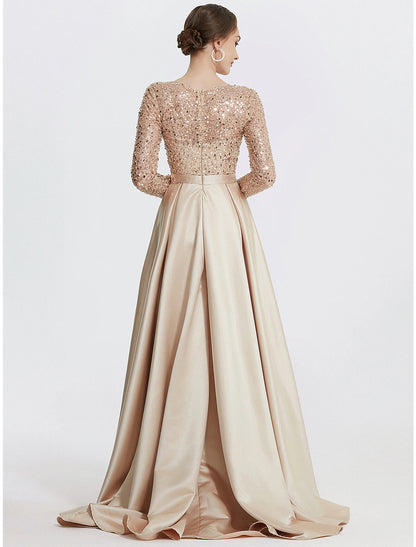 Mermaid / Trumpet Elegant Formal Evening Dress Jewel Neck Short Sleeve Sweep / Brush Train Lace with Ruched Ruffles Appliques