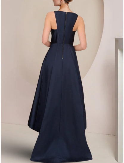 A-Line Mother of the Bride Dress Wedding Guest Elegant V Neck Asymmetrical Floor Length Satin Long Sleeve with Ruching Solid Color