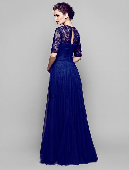 A-Line Mother of the Bride Dress See Through V Neck Floor Length Lace Tulle Half Sleeve No with Criss Cross Ruched Draping