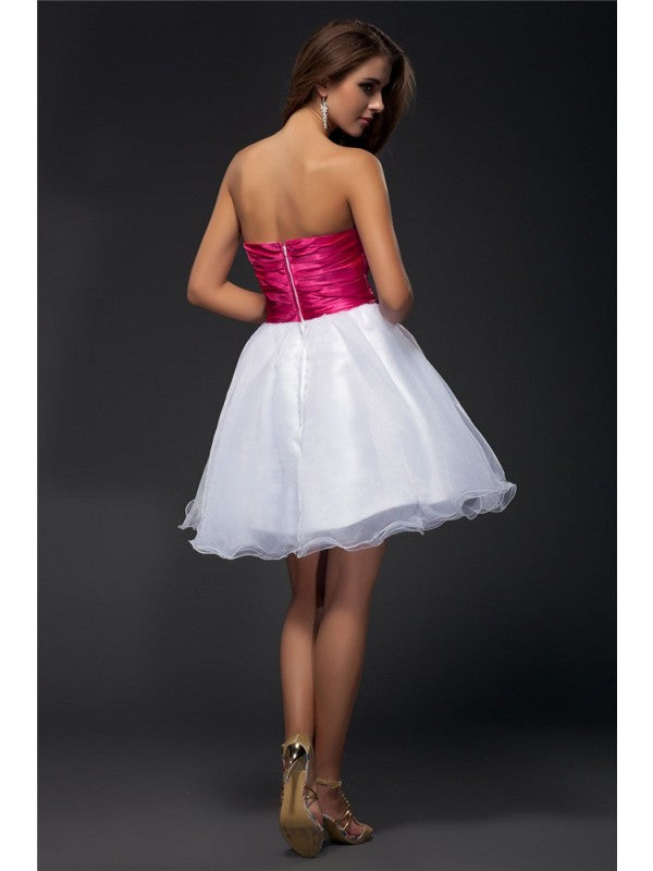 A-Line/Princess Strapless Sleeveless Beading Sash Short Organza  Woven Satin Cocktail Dresses