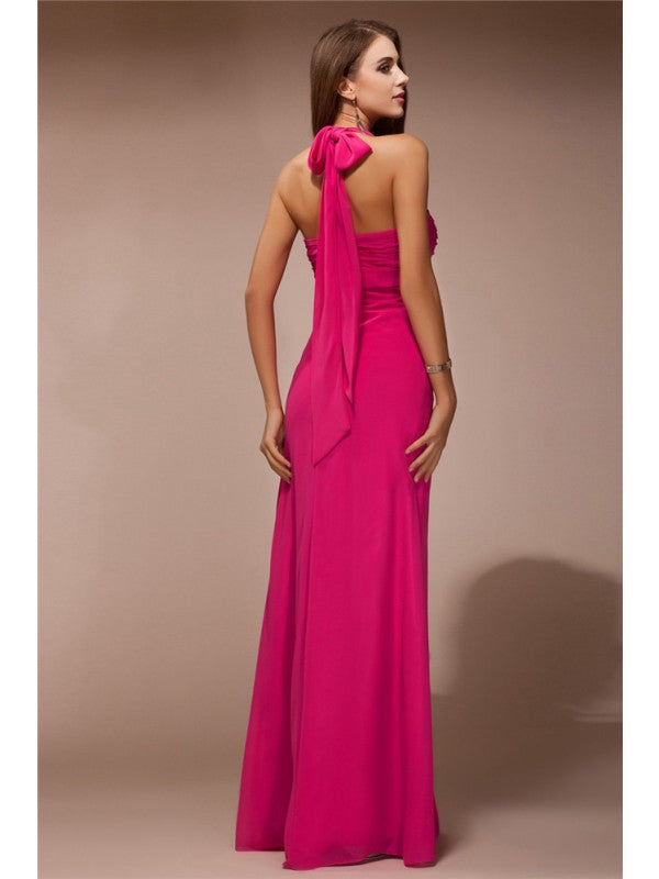 Sheath/Column Halter Sleeveless Long Ruffles Chiffon Bridesmaid Dresses