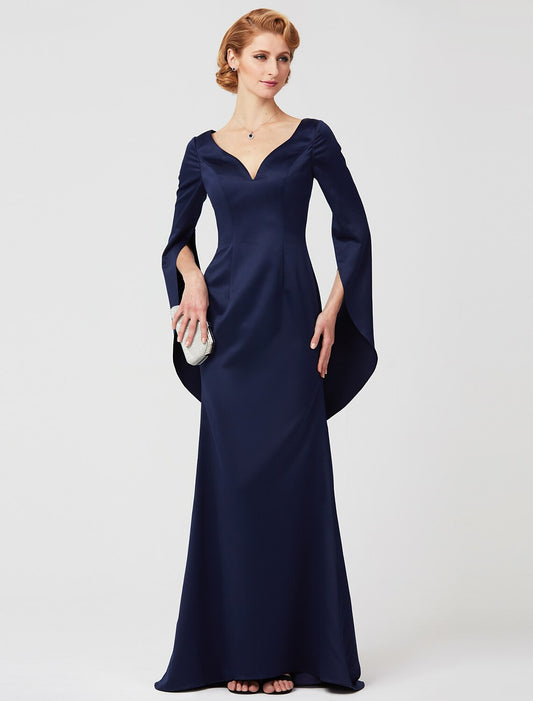 Mermaid / Trumpet V Neck Floor Length Polyester Mother of the Bride Dress with Pleats/ Split