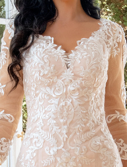 Engagement Formal Fall Wedding Dresses Mermaid / Trumpet Sweetheart Long Sleeve Sweep / Brush Train Lace Bridal Gowns With Appliques  Summer Wedding Party, Women‘s Clothing