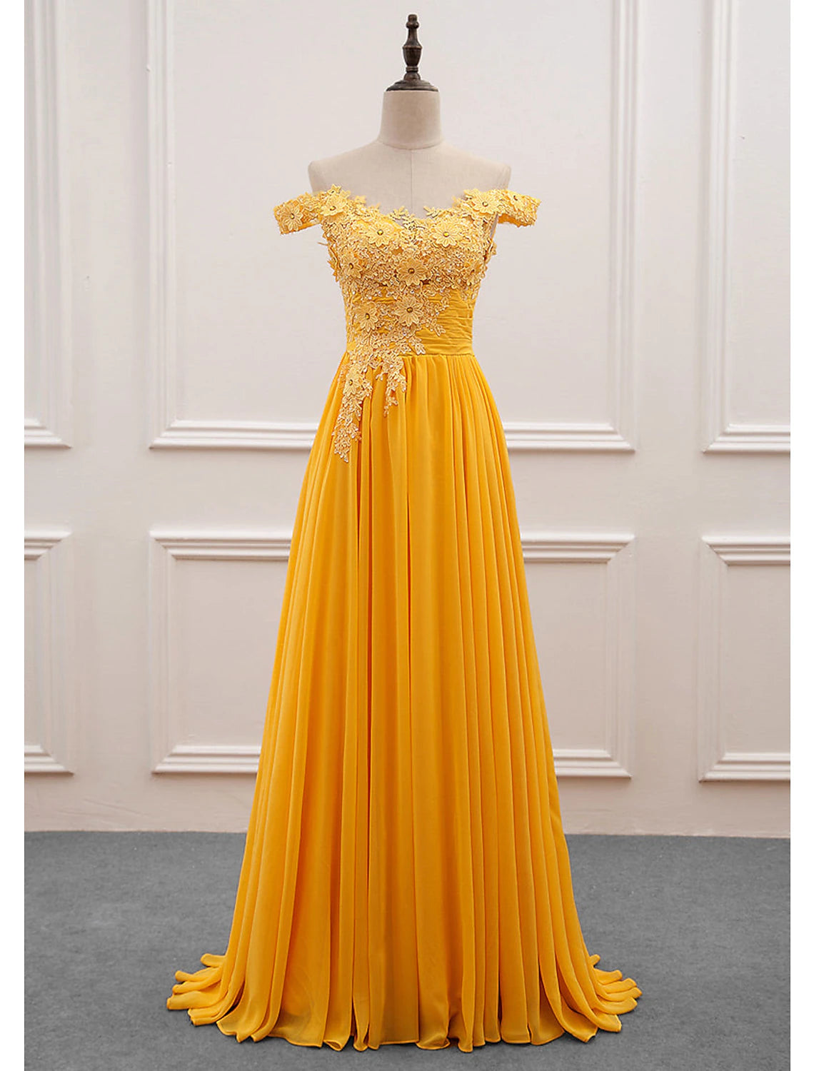 A-Line Wedding Guest Dresses Floral Dress Prom Sweep / Brush Train Sleeveless Off Shoulder Chiffon with Appliques