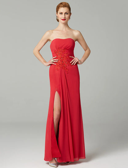 Sheath / Column Mother of the Bride Dress Strapless Floor Length Chiffon Beaded Lace Sleeveless yes with Pleats Beading Split Front