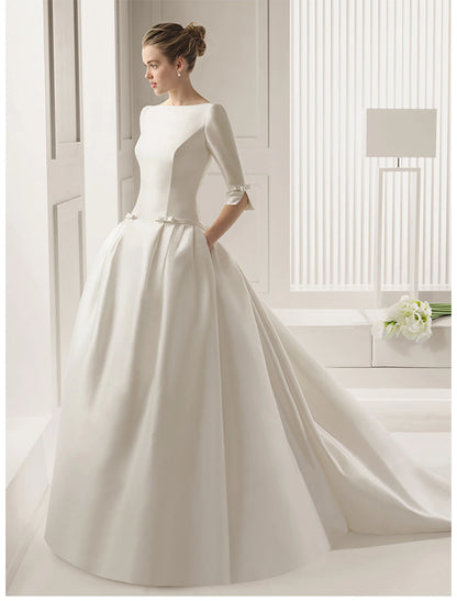 Engagement Formal Fall Wedding Dresses A-Line Scoop Neck Half Sleeve Court Train Satin Bridal Gowns With Bow(s) Pleats  Summer Wedding Party  Women‘s Clothing