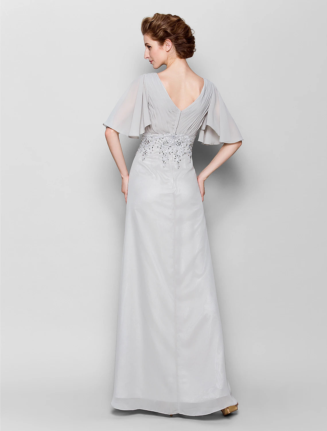 Sheath / Column Mother of the Bride Dress Open Back V Neck Floor Length Chiffon Half Sleeve No with Criss Cross Beading