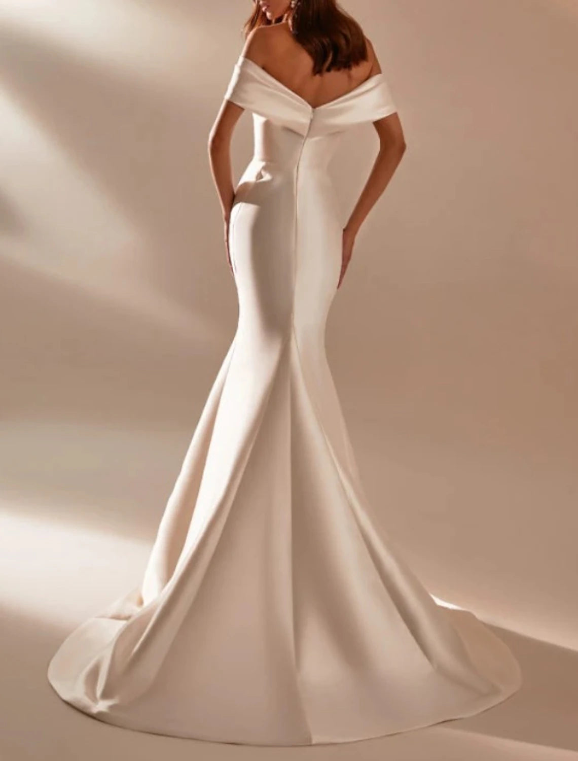 Engagement Formal Wedding Dresses Mermaid / Trumpet Off Shoulder Cap Sleeve Court Train Satin Bridal Gowns With Bow(s)