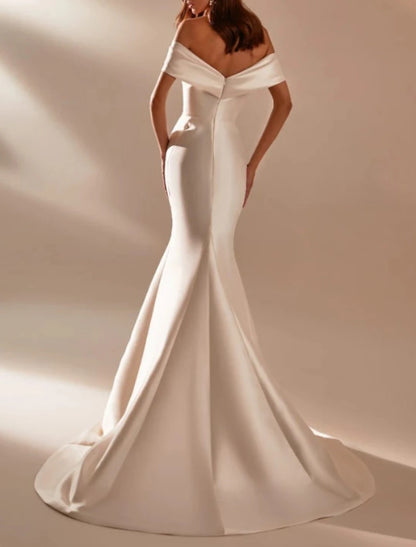 Engagement Formal Wedding Dresses Mermaid / Trumpet Off Shoulder Cap Sleeve Court Train Satin Bridal Gowns With Bow(s)