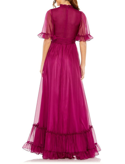 A-Line Evening Gown Elegant Dress Wedding Guest Black Tie Floor Length Short Sleeve High Neck Chiffon with Ruched
