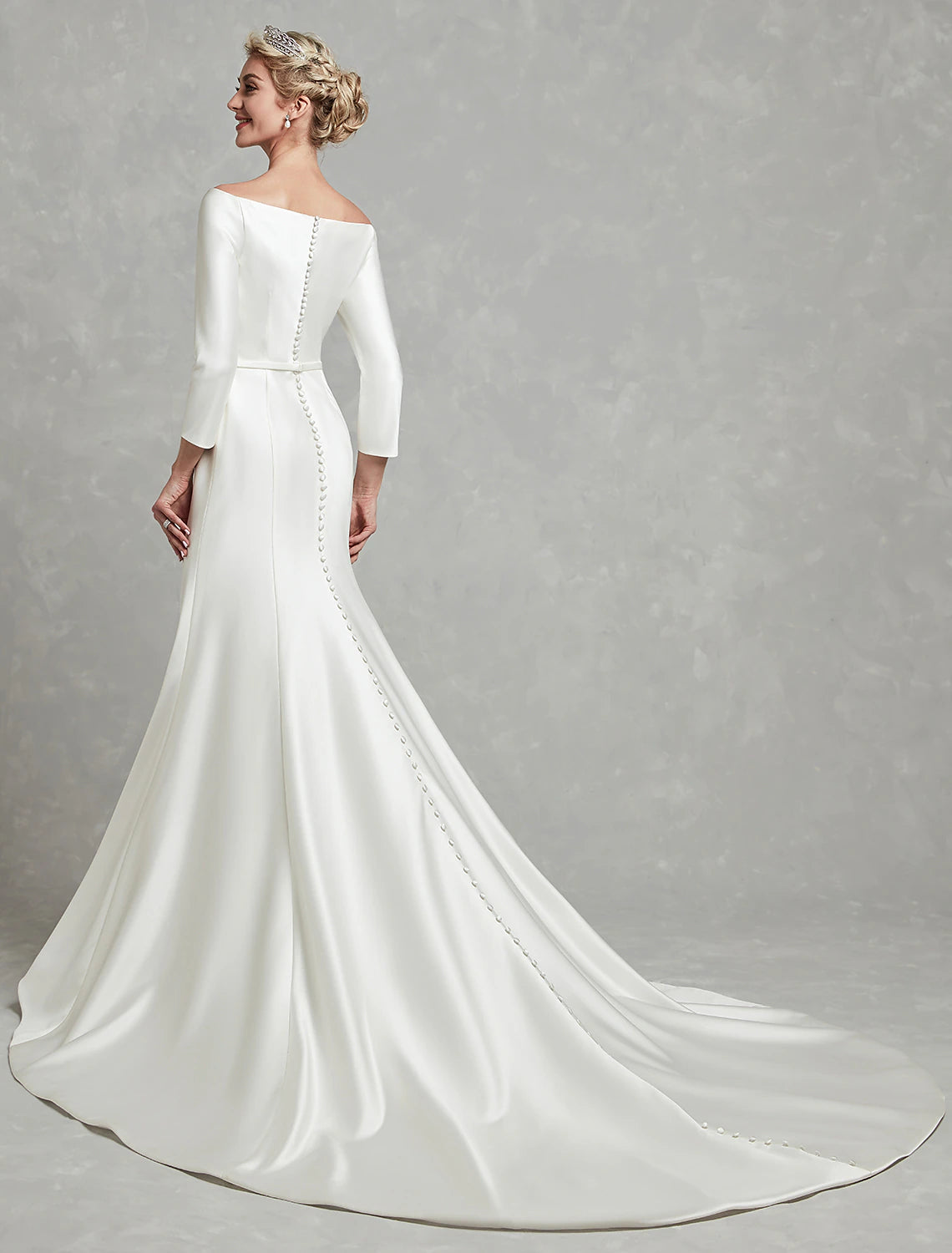 Casual Fall Wedding Dresses Mermaid / Trumpet Off Shoulder 3/4 Length Sleeve Chapel Train Satin Bridal Gowns With Pleats Summer Wedding Party  Women's Clothing