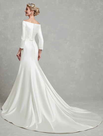 Casual Fall Wedding Dresses Mermaid / Trumpet Off Shoulder 3/4 Length Sleeve Chapel Train Satin Bridal Gowns With Pleats Summer Wedding Party  Women's Clothing