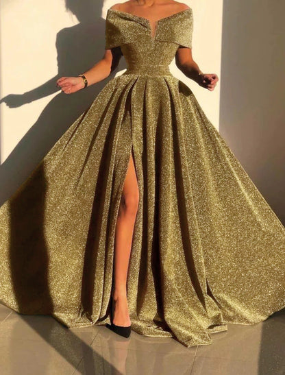 A-Line Evening Gown Sparkle & Shine Dress Formal Fall Court Train Sleeveless Off Shoulder Sequined with Sequin Slit