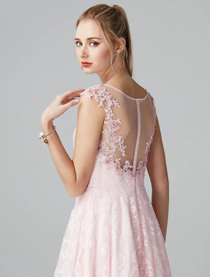 A-Line Prom Dresses Floral Dress Evening Party Ankle Length Short Sleeve Illusion Neck Lace Zipper with Appliques