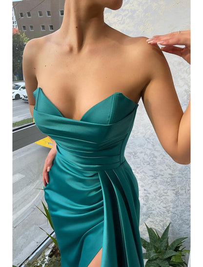 Mermaid Party Dress Evening Gown Sexy Dress Wedding Wedding Reception Court Train Sleeveless Strapless Satin with Ruched Slit