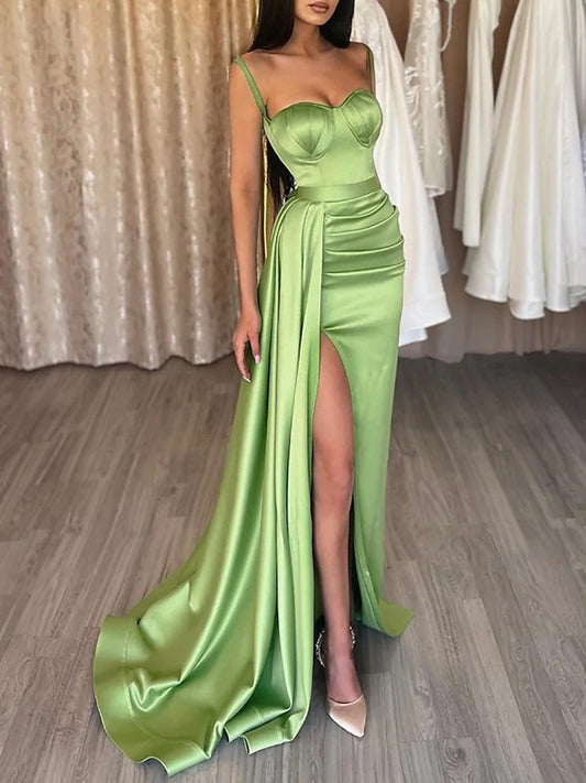 Sheath/Column  Woven Satin Ruched Sweetheart Sleeveless Sweep/Brush Train Dresses