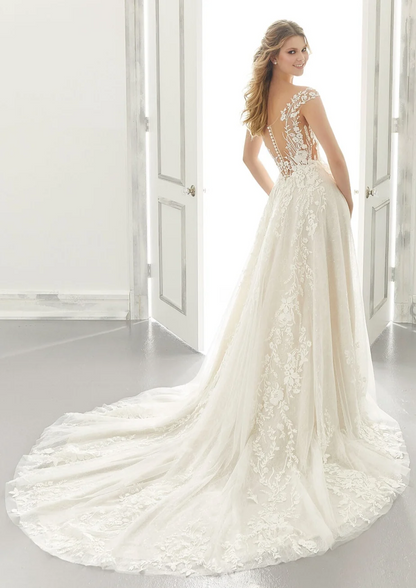 off shoulder lace illusion back a line wedding dress