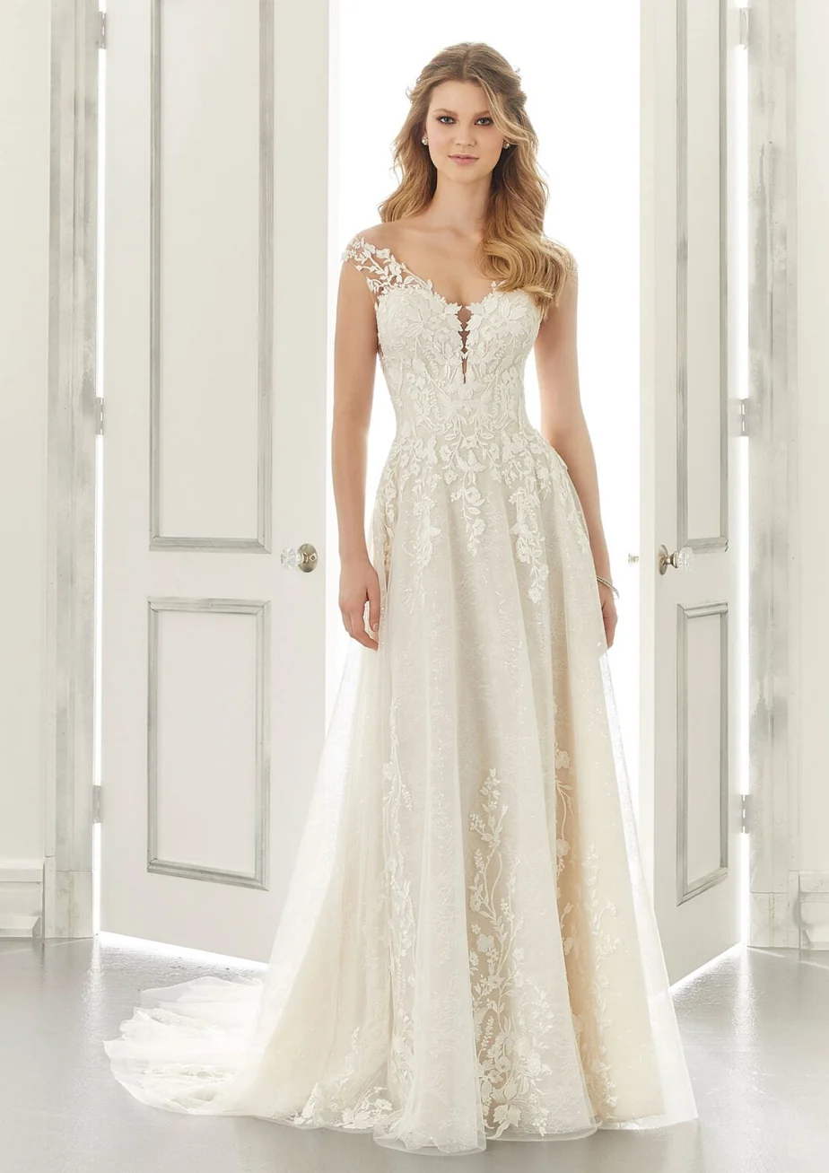 off shoulder lace illusion back a line wedding dress
