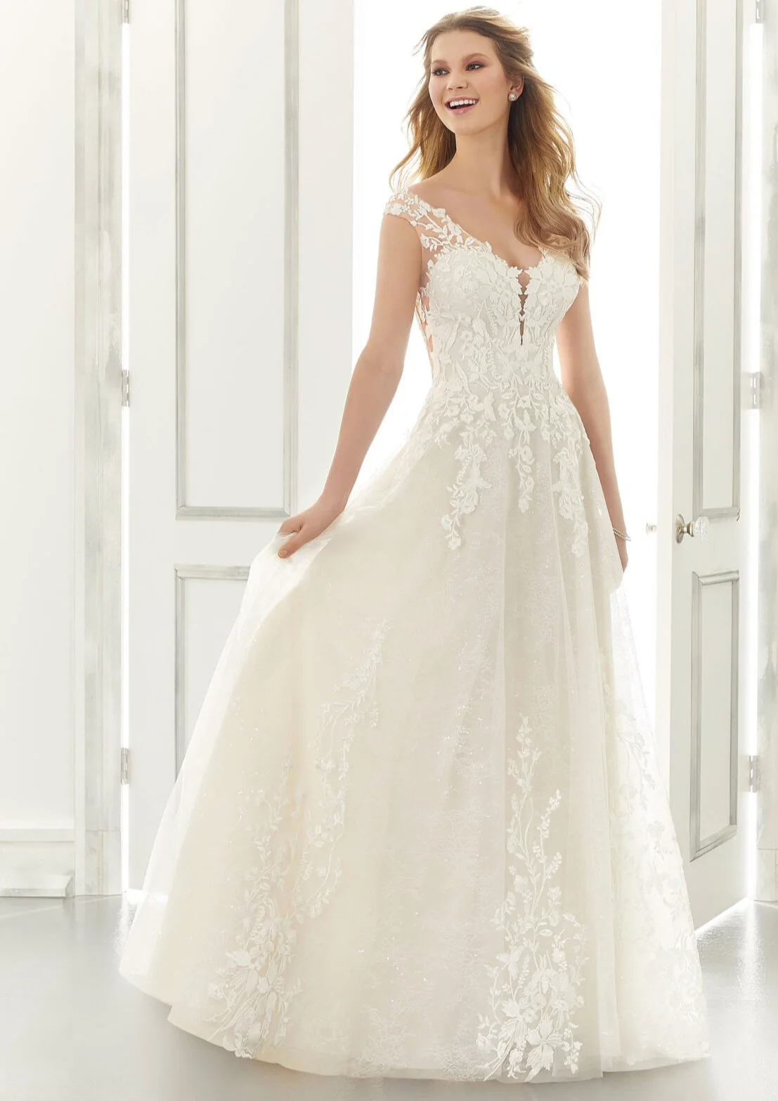 off shoulder lace illusion back a line wedding dress