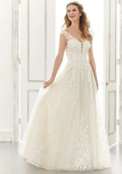 off shoulder lace illusion back a line wedding dress