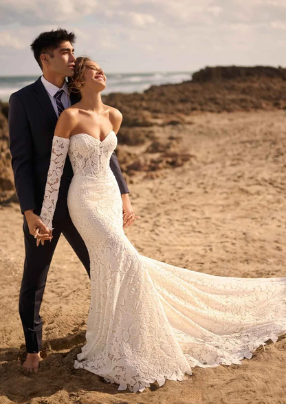 off shoulder lace mermaid long sleeve wedding dress