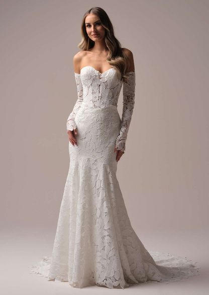 off shoulder lace mermaid long sleeve wedding dress