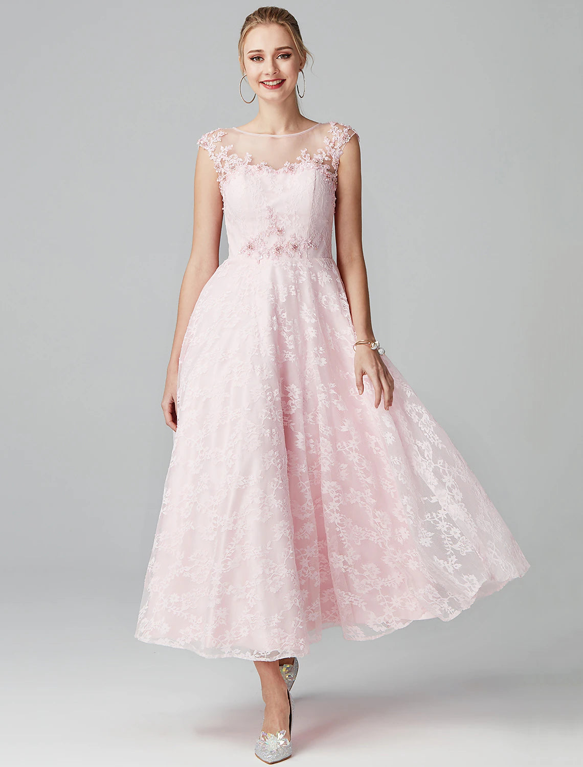 A-Line Prom Dresses Floral Dress Evening Party Ankle Length Short Sleeve Illusion Neck Lace Zipper with Appliques