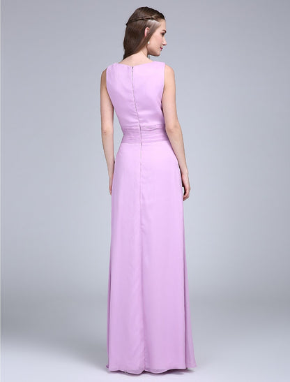 Sheath / Column Bridesmaid Dress Cowl Neck Sleeveless Elegant Floor Length Chiffon with Sash / Ribbon / Ruched