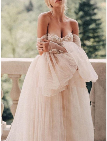 A-Line Evening Gown Elegant Dress Formal Sweep / Brush Train Long Sleeve Sweetheart Tulle with Pleats Ruched