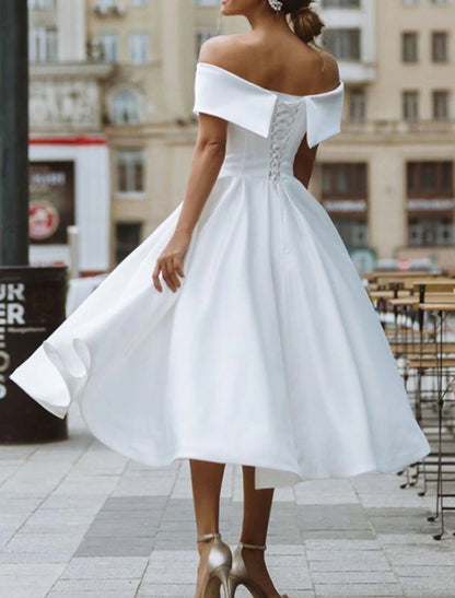 Reception Vintage 1940s / 1950s Simple Wedding Dresses Wedding Dresses A-Line Illusion Neck 3/4 Length Sleeve Tea Length Lace Bridal Gowns With Sashes / Ribbons Appliques