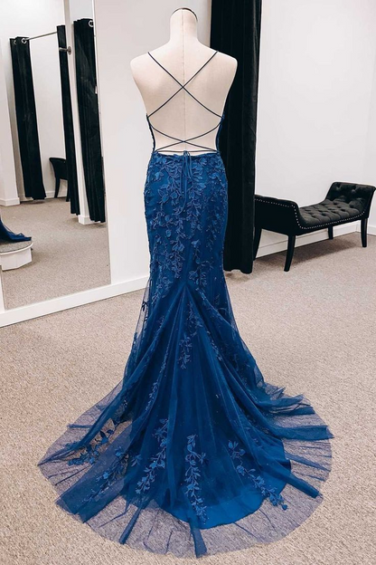 Elegant Tulle Lace Mermaid V-Neck Crisscross Back Appliquéd Floor-Length Prom Dress