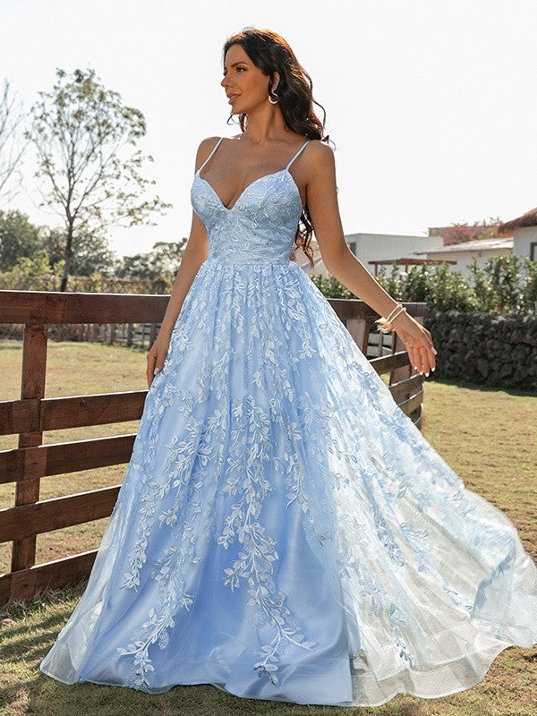 A Line Blue Tulle V Neck Backless Lace Appliques Prom Dresses Simple Evening Dresses