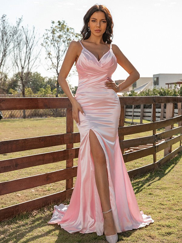 Sheath/Column Silk like Satin Ruched V-neck Sleeveless Sweep/Brush Train Dresses