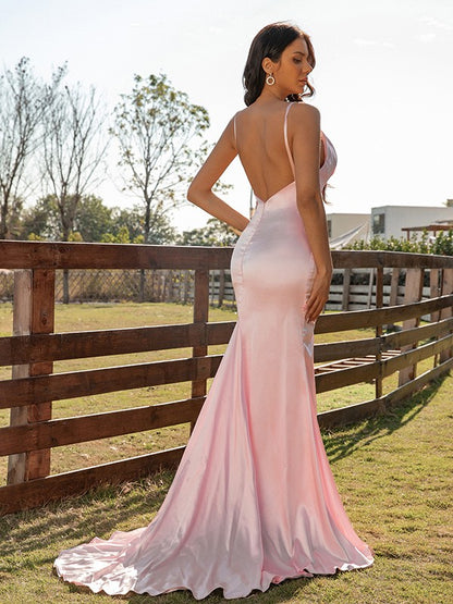 Sheath/Column Silk like Satin Ruched V-neck Sleeveless Sweep/Brush Train Dresses