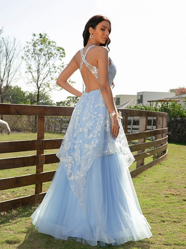 A-Line/Princess Tulle Lace V-neck Sleeveless Floor-Length Dresses