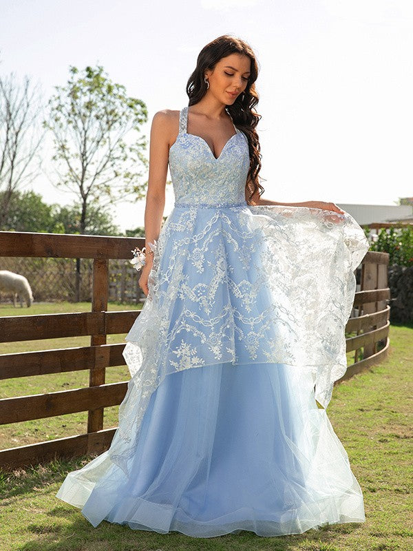 A-Line/Princess Tulle Lace V-neck Sleeveless Floor-Length Dresses